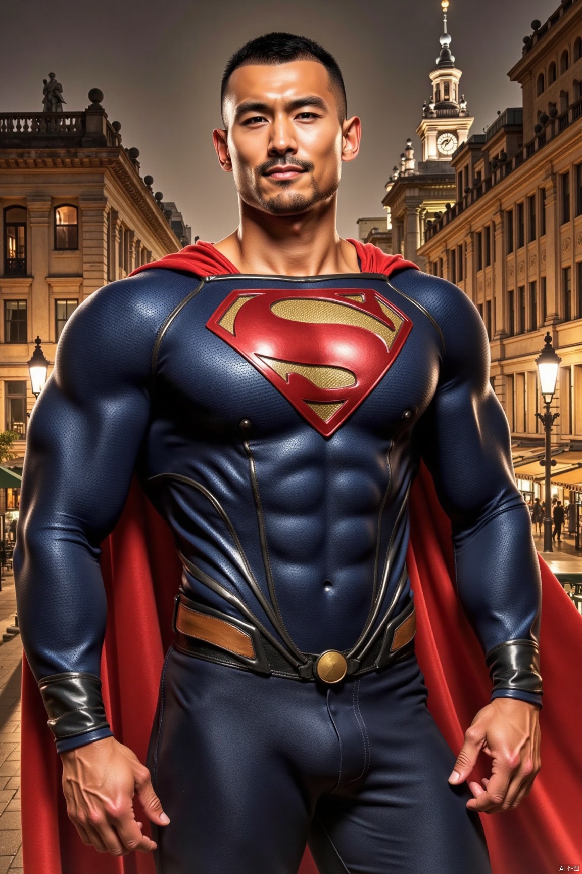 jzns,1man,superman,male focus,asian,exquisite facial features,handsome,muscular,superman clothes,Dynamic pose,full body, looking at viewer,romantic realism, atmospheric,city,night,perfect background, magnificent,masterpiece, realistic, best quality, highly detailed,profession, award winning artwork,ink wash painting background,zjh,dnk