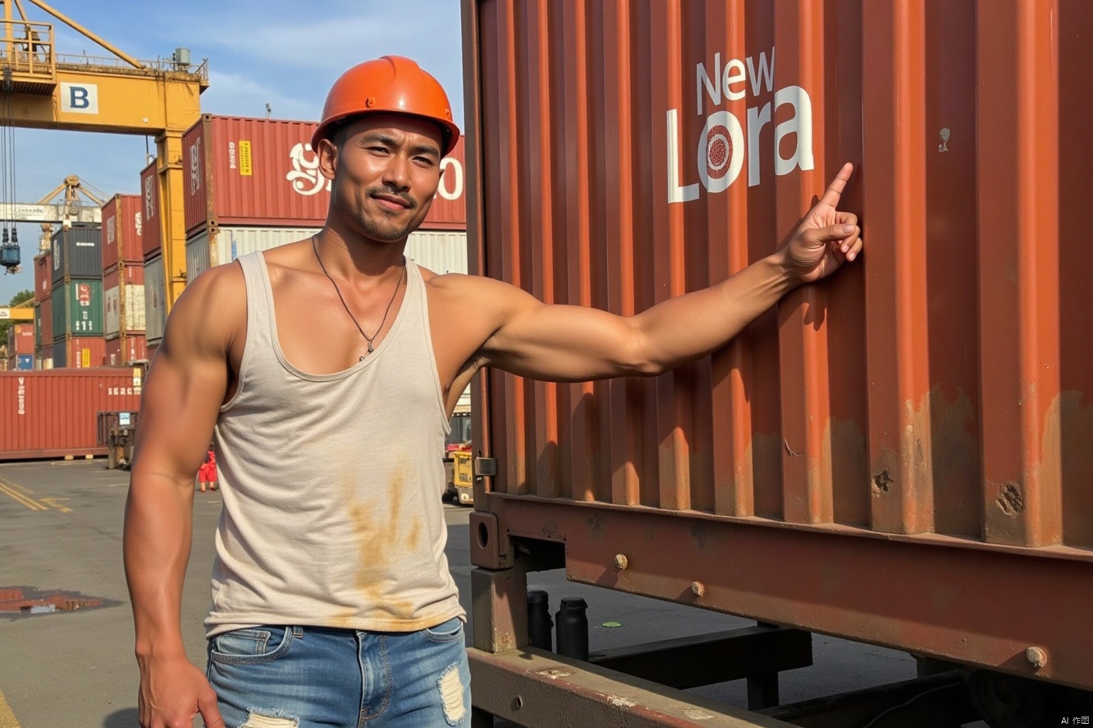 An endomorph Asian docker stands sideways as he points at a container printed with red "New Lora Arrival". He raises head proudly, puckering lips with a mischievous grimace, as he looks at the camera. He wears a sweat-stained white loose singlet, orange helmet, torn jeans, and a silver necklace around his neck, chiseled face framed by square jawline and dark stubbles. In a bustling port bathed in dappled sunlight.,plns,jzns,dnk