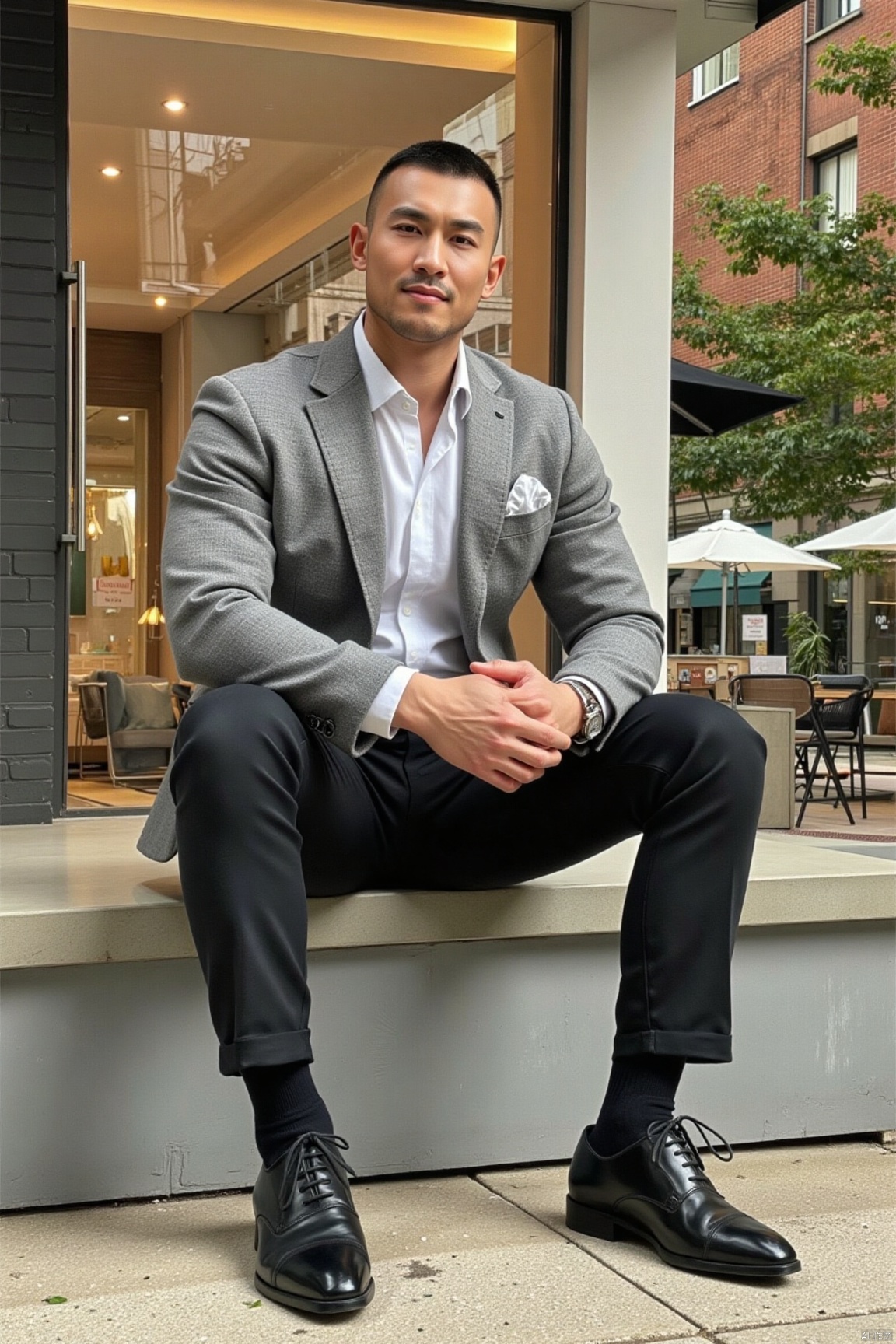 jzns, 1man,fashion model,asian, extremely delicate facial,,handsome,Business fashion,wearing sweater,shirt,tight pants,Oxford style footwear,sitting quietly with a smile,outdoors,natural light,extremely detailed cg 8k wallpaper,magnificent,,masterpiece, realistic, best quality, highly detailed,dnk