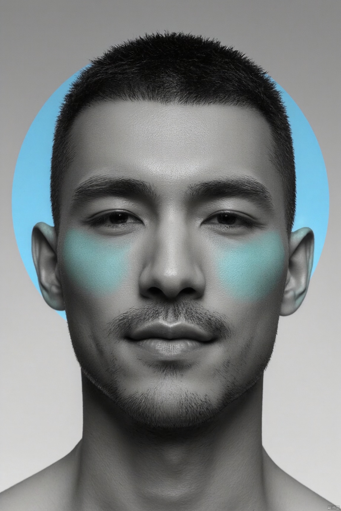 handsome man, black-and-white photography, soft sea blue and mint green paint brush strokes on face, minimalist style, light sea blue circle behind head, best quality,masterpiece,plns,jzns
