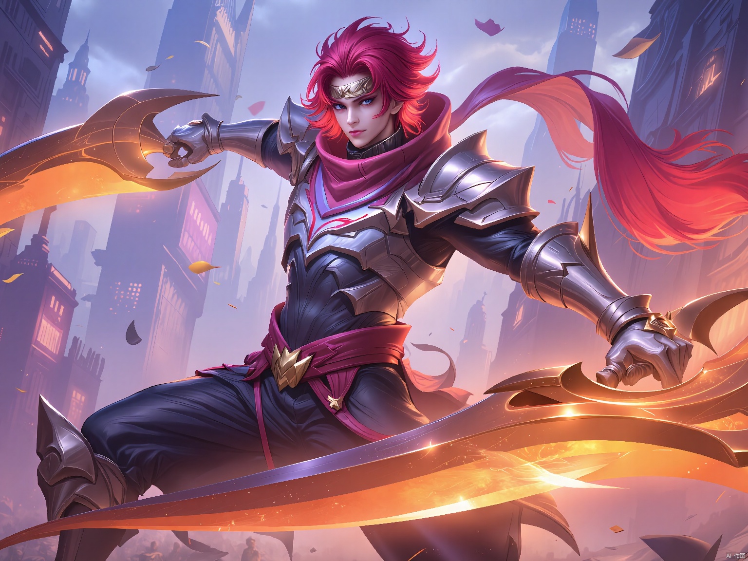 YXMX, a young warrior with crimson hair that flows like liquid flame, dons silver and red armor inspired by ancient myths. He brandishes a dual-bladed axe, its edges shimmering with golden energy. The backdrop is a cyberpunk cityscape, a mesh of neon lights and towering skyscrapers.
