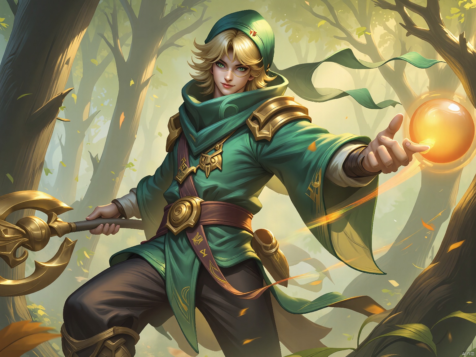 YXMX, a young mage with hair the color of freshly fallen leaves, dons robes of forest green and earth brown, adorned with runes that glow softly. She brandishes a staff topped with a glowing orb, its energy pulsing in harmony with nature. The scene behind her is an enchanted forest, its trees whispering secrets of ancient magic.