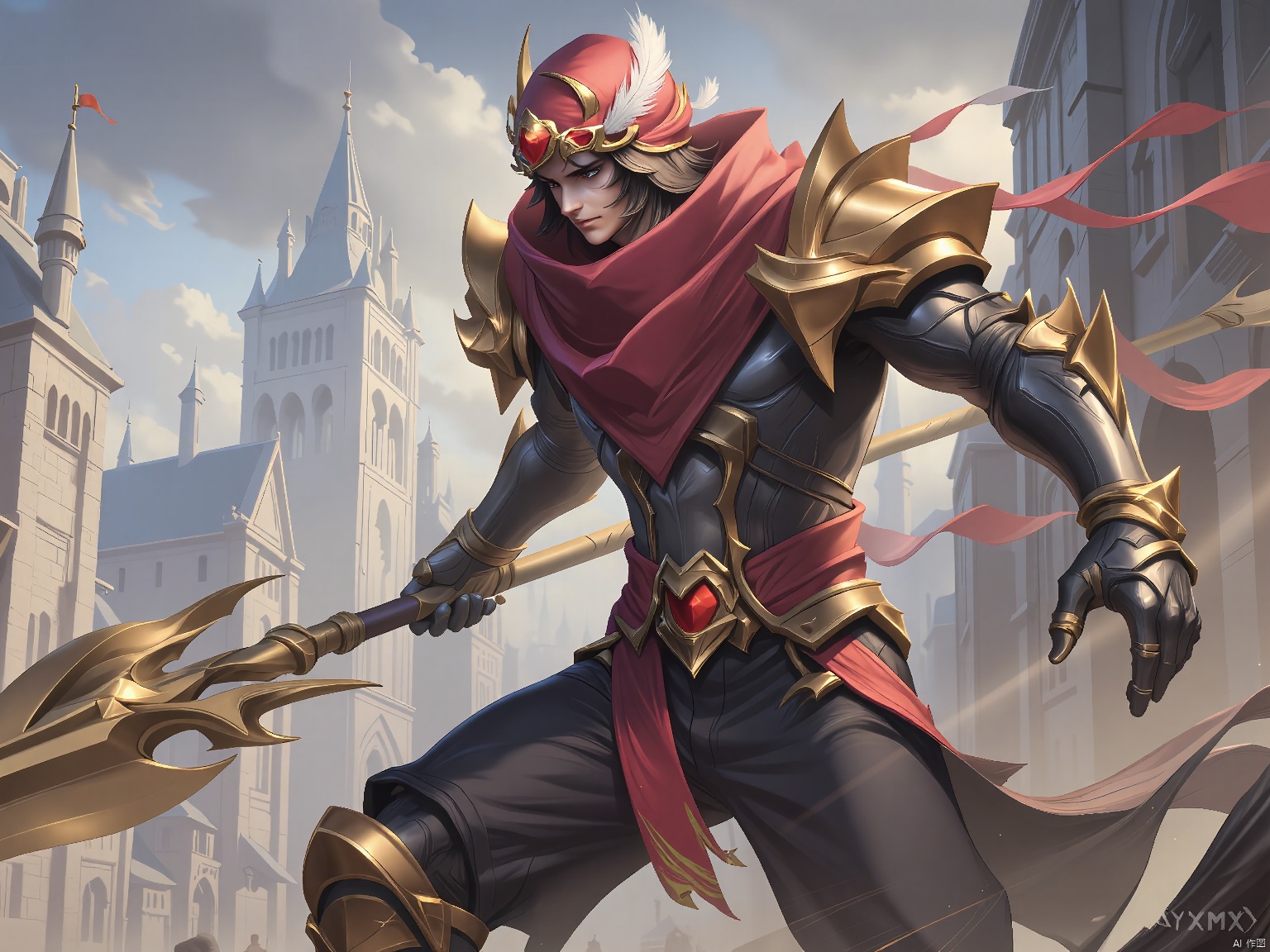 YXMX, a muscular man dressed in elaborate medieval fantasy armor, wields an ornately long spear. He wears a red and gold headdress with a white feather and a red scarf behind him. His armor was adorned with gold and red, and his expression was serious. In the background is a stone castle with a high spire and a cloudy sky,