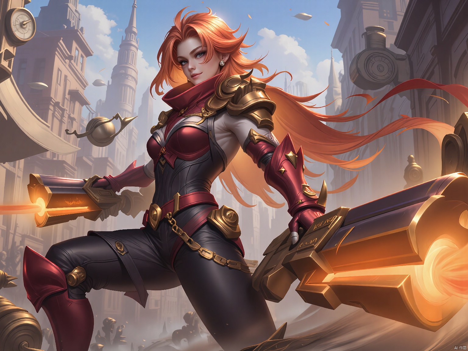 YXMX, with a mane of fiery orange hair, sports crimson and black steampunk armor. She holds a dual-barreled pistol that fires glowing amber bullets. The environment is a Victorian-era cityscape, filled with clockwork gadgets and swirling fog.