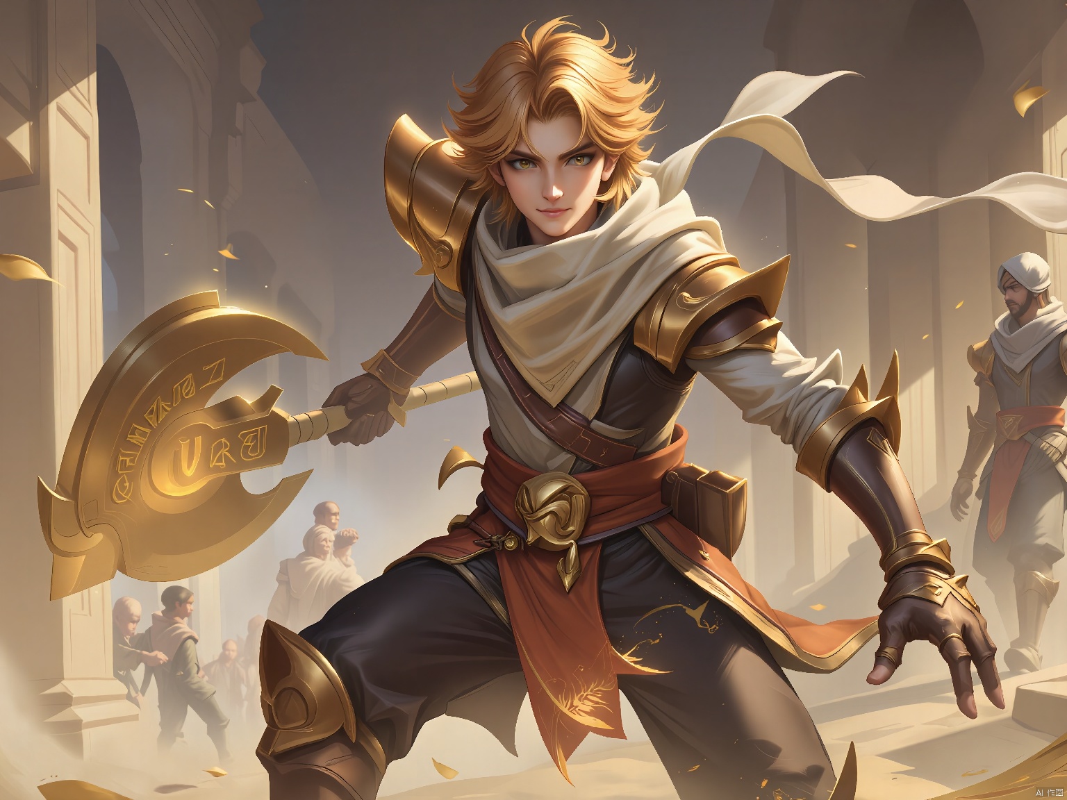 YXMX, a young warrior-priest with hair the color of ripe wheat, dons armor that combines earthy browns with golden highlights, symbolizing his connection to the land. He wields a mace adorned with runes, its head glowing with the energy of divine protection. The setting behind him is a temple of ancient stone, its walls echoing with the chants of the faithful.