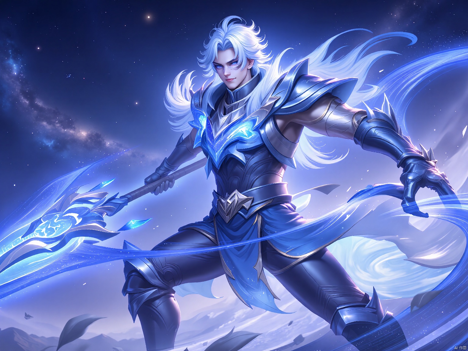 YXMX, whose hair flows like liquid silver, wears cerulean and platinum celestial armor. He grasps a star-studded spear that pulses with cosmic energy. The backdrop is a celestial expanse, a tapestry of stars and swirling nebulae.

