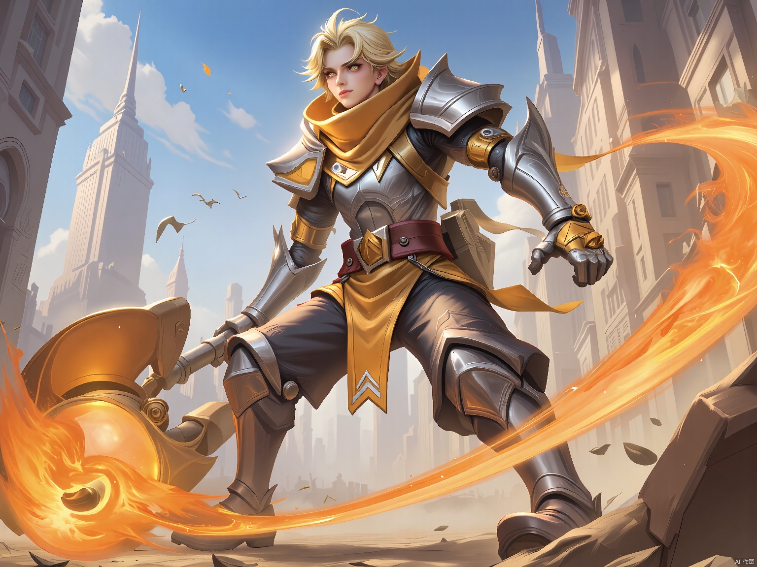 YXMX, a young adventurer with sunlit blonde hair, dons armor made of shimmering silver and bright orange, evoking a sense of fiery spirit. She swings a massive hammer, its head glowing with fiery energy. The setting is a post-apocalyptic wasteland, with skeletal remains of skyscrapers piercing through the cracked earth.