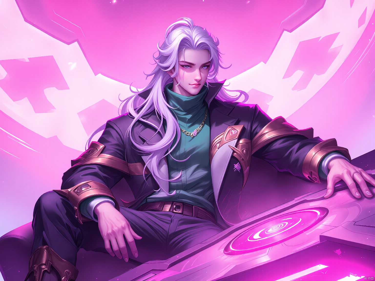 YXMX, a young man with long flowing silver hair and wearing a green and black gold jacket, sits in front of a futuristic control panel. He held the future weapon in one hand, the other hand hanging down. The background features a pink gradient, a large circular installation with abstract luminous shapes,