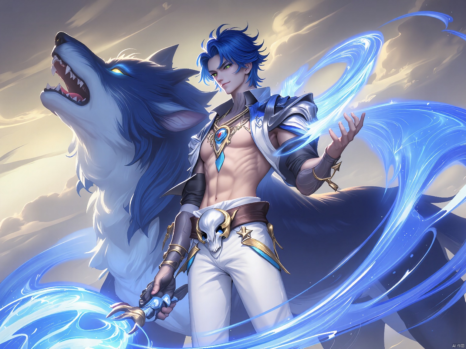 YXMX, a muscular, shirtless, blue-haired man in white pants and a skull-shaped belt, stands confidently with one hand on his hip and the other holding glowing blue energy. Behind him was a tall, stately blue-and-white Wolf, with a fierce expression and a radiant glow. The background is a cloudy sky with gold and blue tones,