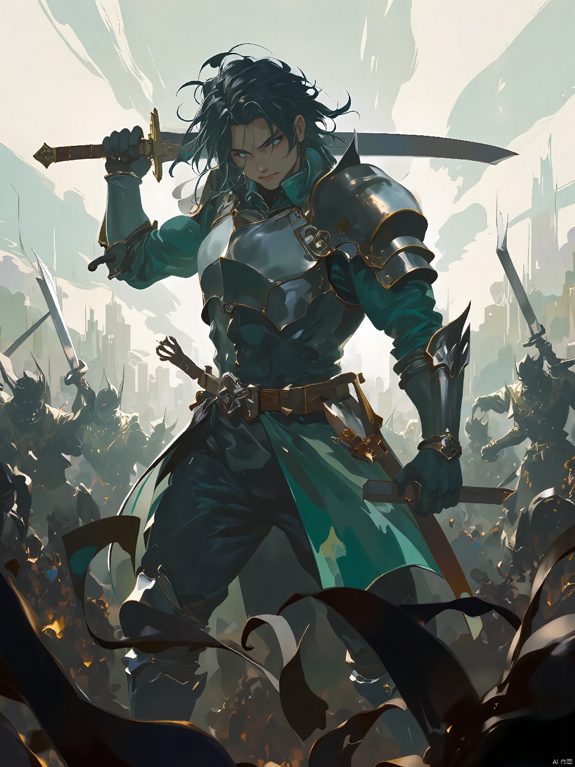 GYCH, a fierce, warrior-like figure, with jet black hair tied back and piercing emerald eyes, clad in armor of polished steel and dark green. The figure stands with sword drawn, facing an army of shadowy foes, with a backdrop of battle-scarred landscapes.