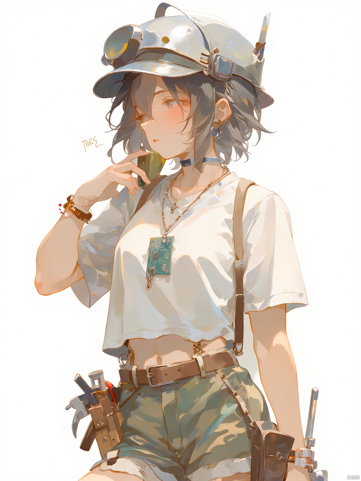  GYCH,The Chinese-style girl wore a pair of ripped camouflage shorts and a simple white T-shirt, with an old circuit board tied to her chest as a pendant. The skin is exposed to sunlight and carries light mechanical oils and dust. Wearing a steel helmet with a few scuffs on his head, a belt on his arm holding various tools