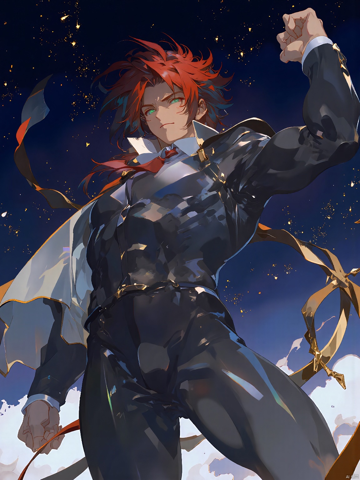 GYCH, a powerful, high-angle figure, he sports crimson hair and emerald eyes, clad in a sleek black and silver suit. The figure raises his right arm, fist clenched, against a starry night sky backdrop dotted with golden constellations.