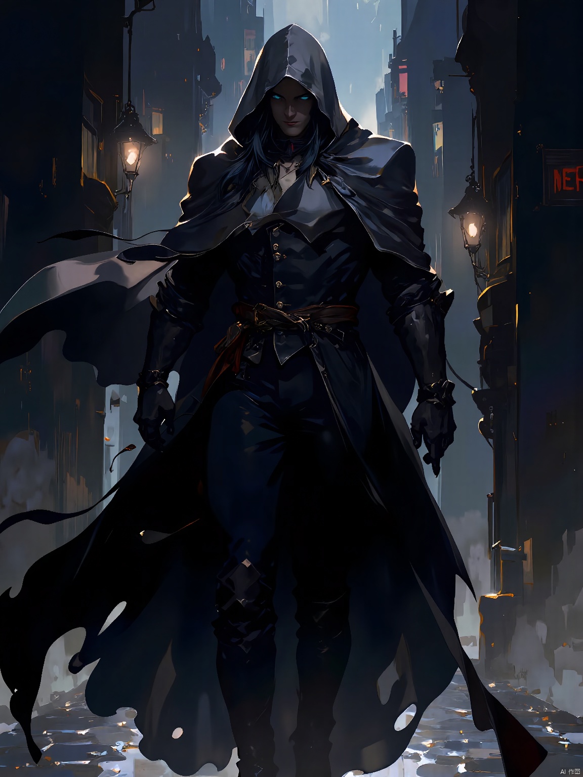 GYCH, Mysterious and hooded, with shadows obscuring dark hair and deep set, cobalt eyes, he dons a black and silver cloak. The figure steps forward, revealing a cobblestone alleyway lined with flickering torchlight.