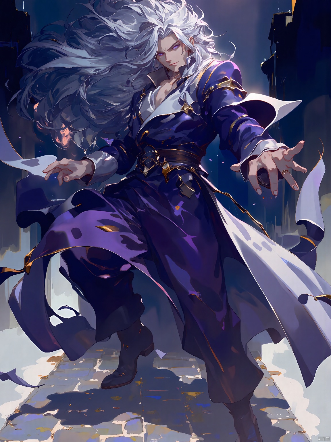GYCH, Enigmatic and towering, with flowing silver hair and piercing violet eyes, he dons a deep purple and silver robe. The figure poses with both hands raised, casting shadows on a moonlit, cobblestone path.