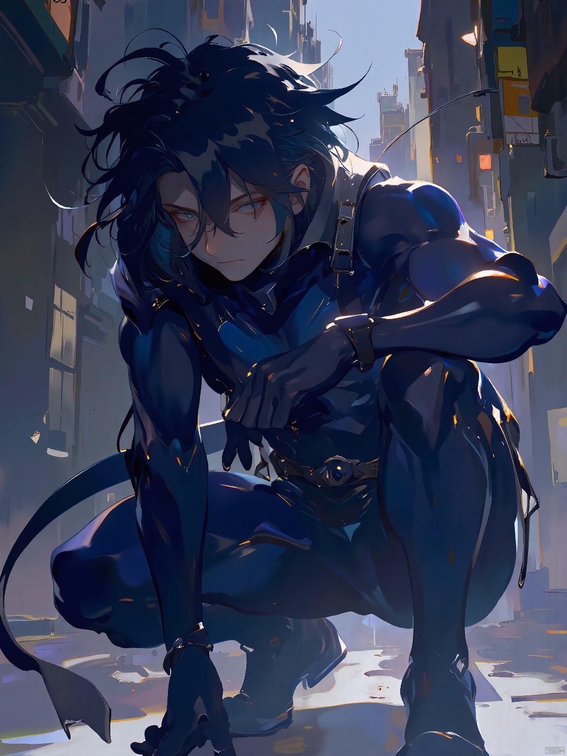 GYCH, a stealthy, shadowy figure, with sleek, jet black hair and icy blue eyes, clad in a stealth suit of midnight blue and gunmetal gray. The figure crouches, ready to strike, against a backdrop of urban alleyways and flickering streetlights.