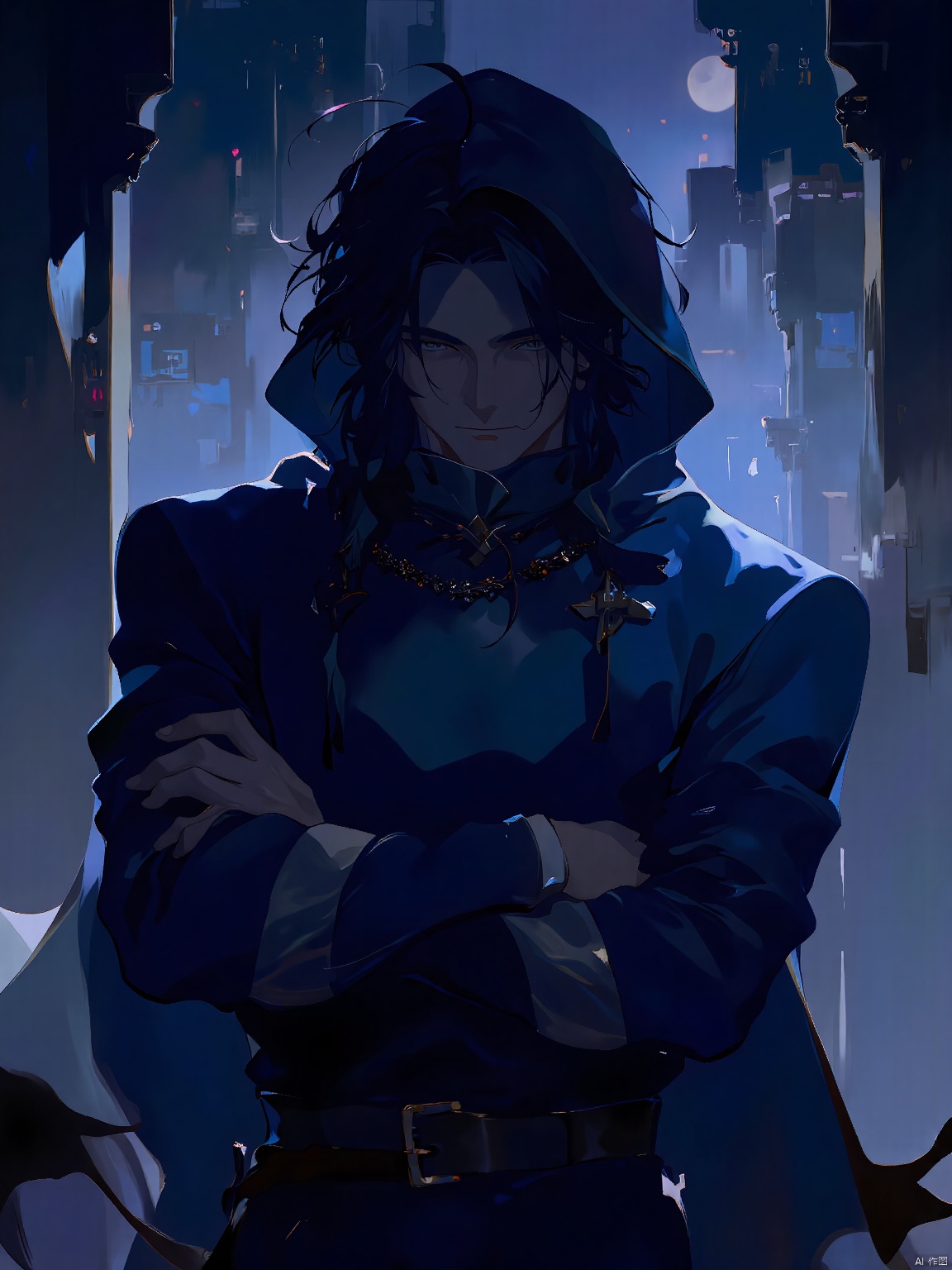 GYCH, a mysterious, low-light figure, with raven black hair and cobalt blue eyes, wearing a hooded cloak of deep indigo and silver. The figure stands with arms crossed, shrouded in shadows, with a faint glow of moonlit mist in the background.