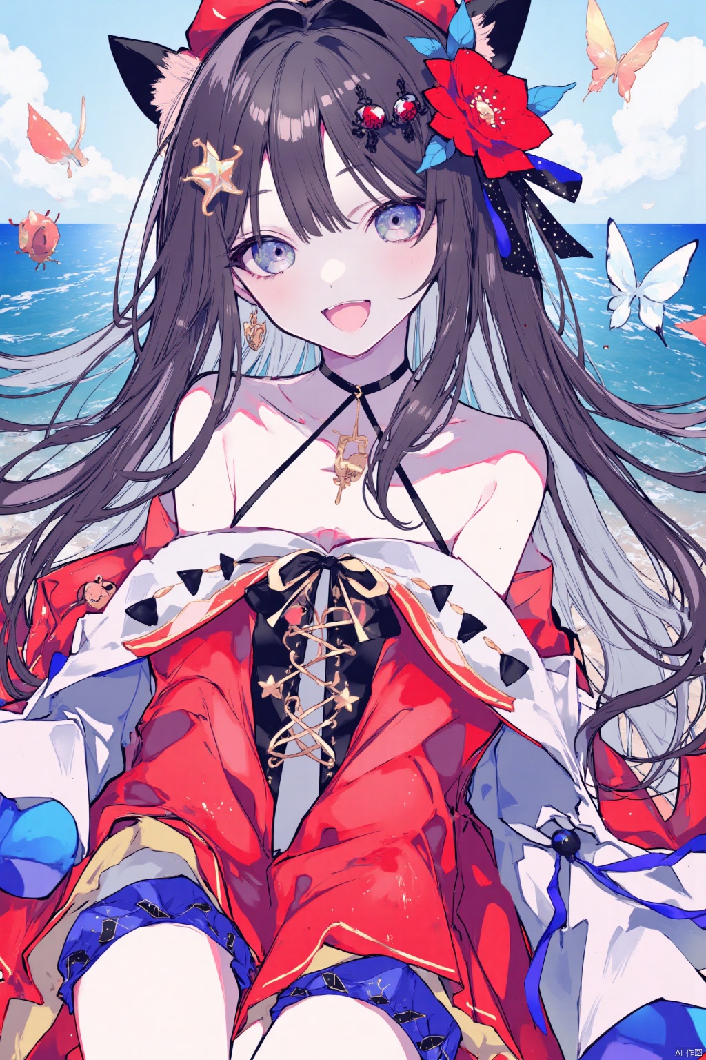 blue,lengyu,Riness,line,sheya,YHM,(masterpiece), (best quality), illustration, ultra detailed, hdr, Depth of field, (colorful),1girl, solo, long hair, smile, open mouth, brown hair, black hair, hair ornament, dress, ribbon, bare shoulders, upper body, flower, hairband, strapless, red dress, bug, red flower, butterfly,seaside,blue bloomers