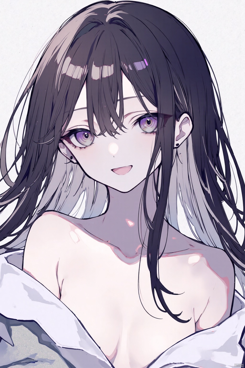 Here's a prompt for an SD model:

A solo portrait of Yuki Suou with long hair, featuring both black and brown locks flowing between her eyes. Her brown eyes seem to pierce through the viewer, while her purple irises sparkle with subtle intensity. A hint of wistfulness plays on her lips as she opens her mouth in a gentle, inviting smile. The camera's gaze is direct, capturing the tender vulnerability of her bare shoulders and collarbone, where a soft white towel barely covers her skin. The overall mood is one of serene contemplation, set against a temperate atmosphere with high-end texture, reminiscent of fashion photography. Anime coloring style with an extreme aesthetic, showcasing masterful details in 32K quality. Visual impact: 1.2