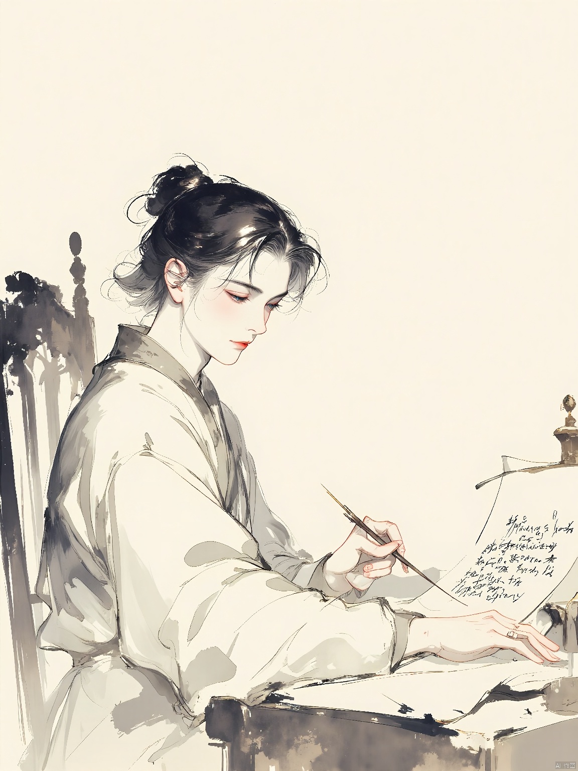 GFSM, A digital ink painting of a calligrapher with a brush in hand and a scroll before him, writing a beautiful poem. His eyes are focused and intent, and his face is serene. He wears a simple, robe-like garment, and his hair is neatly tied back in a bun. The background is a gentle, ink-wash rendering of a quiet study, and the overall style is elegant and scholarly, embodying the character's artistic and literary talent.