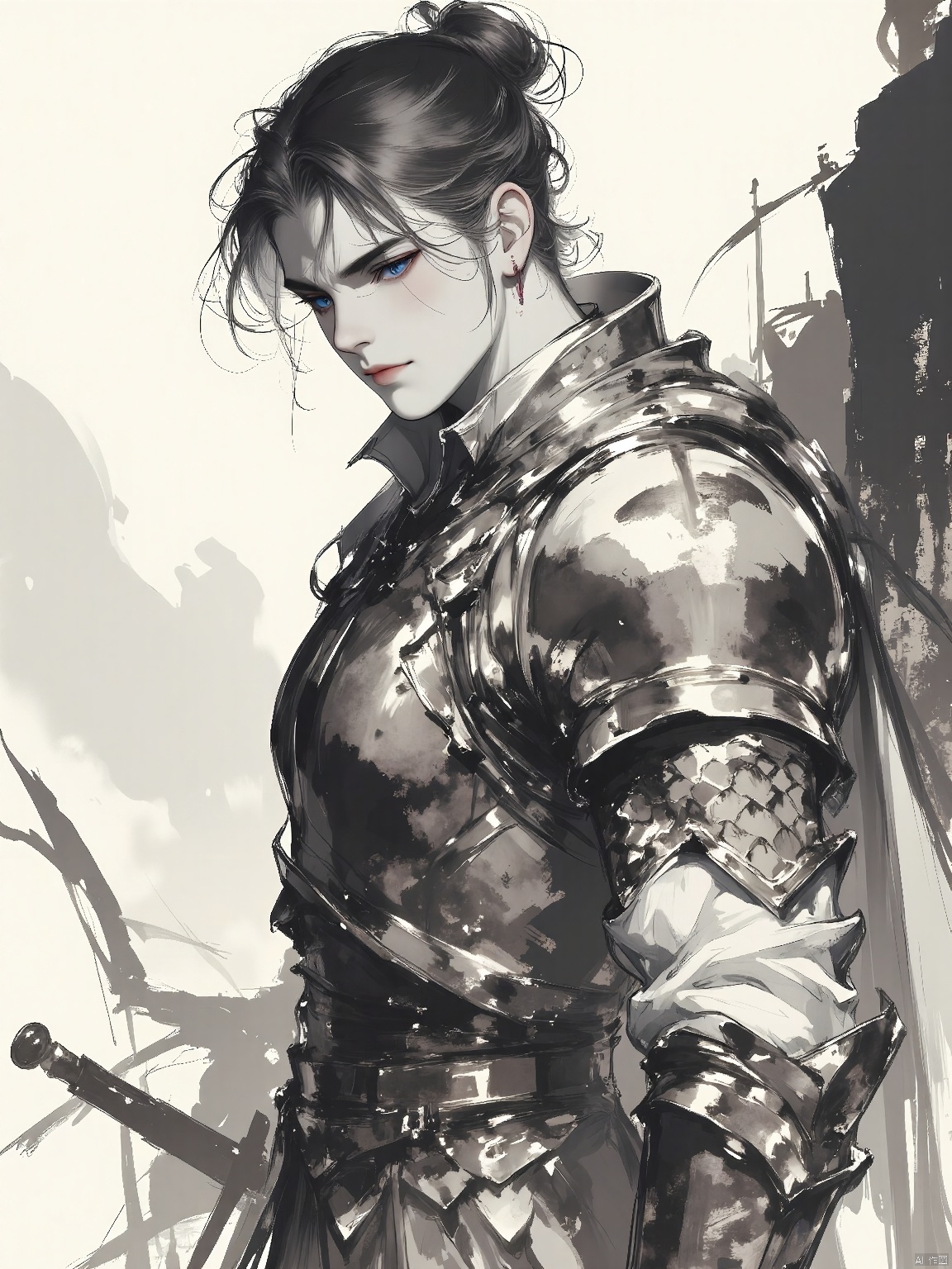 GFSM, A digital illustration of a warrior with a stern and determined look. His eyes are narrowed in focus, and his chiseled jaw is set in a firm line. He wears a suit of armor made of interlocking scales, and his sword is drawn and ready. The background is a stark, ink-brush landscape of rocky cliffs and swirling clouds, and the overall style is powerful and dynamic, reflecting the character's strength and resolve.