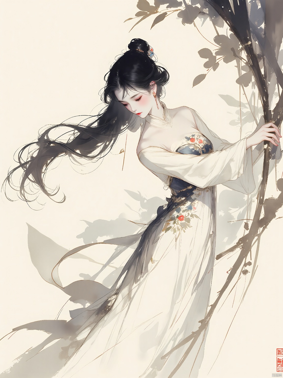 GFSM, A digital ink painting of a dancer with a lithe and flexible body. Her eyes are closed in concentration, and her long hair flows behind her like a black silk ribbon. She wears a traditional Chinese dance costume of flowing sleeves and a tight-fitting bodice, adorned with delicate embroidery. The background is a wash of pale ink, suggesting a moonlit garden, and the overall style is ethereal and graceful, capturing the character's fluid and expressive movement.