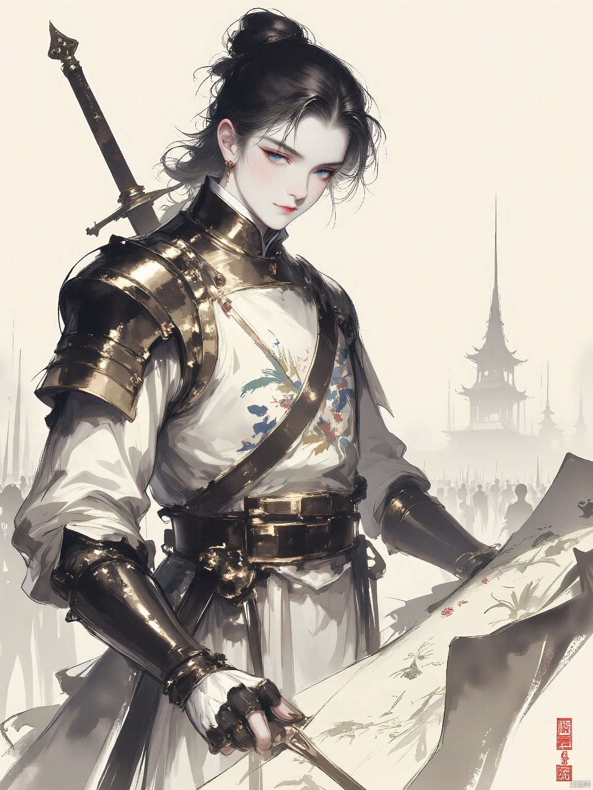 GFSM, A digital rendering of a scholar-general with a strategic mind and a sword at his side. His eyes are sharp and calculating, and his hair is neatly tied back in a bun. He wears a suit of armor adorned with ink-brush paintings of dragons and phoenixes, and his hands rest on a rolled-up military map. The background is a stark, ink-brush landscape of a battlefield, and the overall style is authoritative and strategic, embodying the character's leadership and tactical prowess.