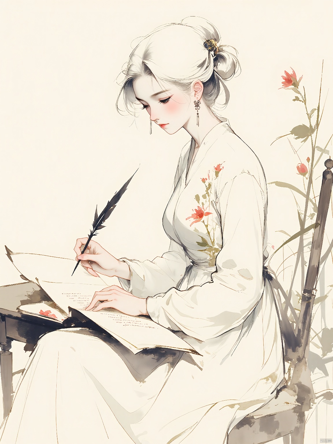 GFSM, A digital ink painting of a poetess with a quill in hand and a scroll before her, writing a heartfelt sonnet. Her eyes are distant and dreamy, and her hair is tied back with a delicate ribbon. She wears a simple, flowing dress adorned with ink-brush paintings of flowers, and her hands rest on the scroll. The background is a gentle, ink-wash rendering of a garden in bloom, and the overall style is romantic and poetic, capturing the character's emotional and creative spirit.