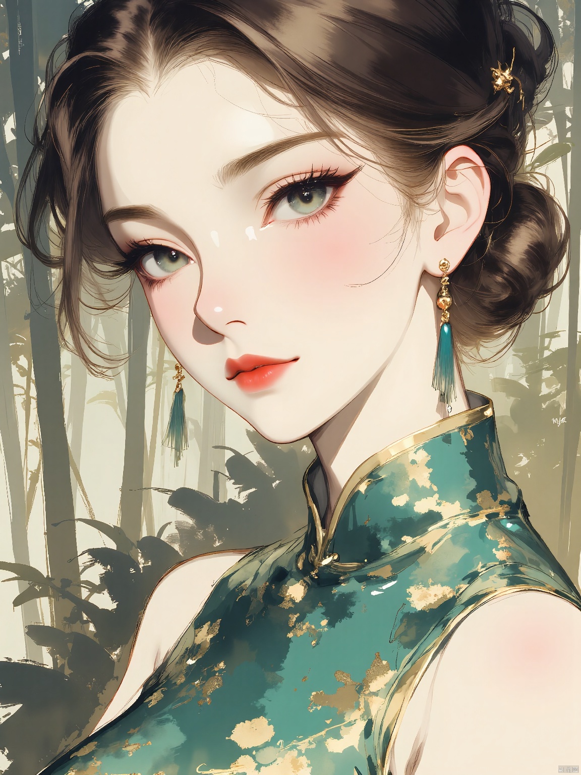 GFSM, A digital ink brushstroke illustration of a young woman with creamy skin and a serene, composed demeanor. Her eyes, large and luminous, are adorned with fine lashes and a hint of shimmering makeup. Her hair is styled in a chic, high bun, revealing her elegant neck and shoulders. She wears a stunning, emerald green cheongsam with intricate gold embroidery, and her makeup is refined, emphasizing her striking features. The backdrop is a blend of deep greens and soft browns, like a lush forest.