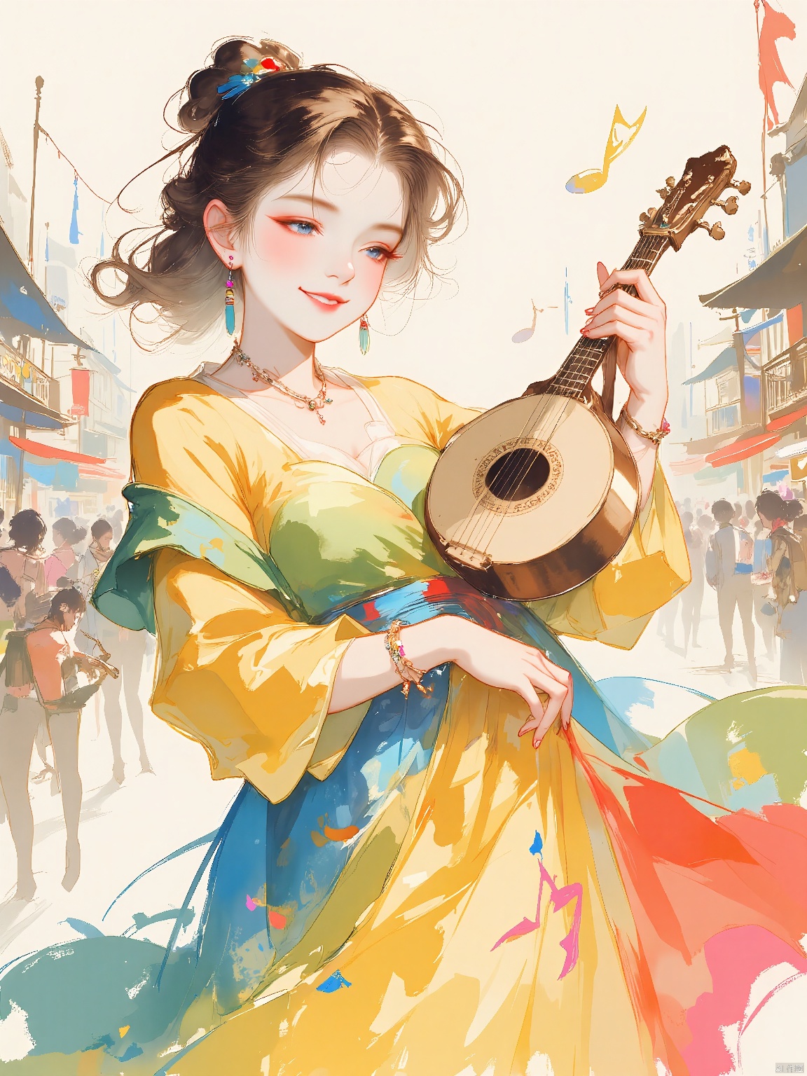 GFSM, A digital illustration of a musician with a lute in hand and a song on her lips. Her eyes are sparkling with joy, and her hair is tied back with a simple ribbon. She wears a flowing dress of bright, vibrant colors, adorned with musical notes. The background is a colorful, ink-brush rendering of a bustling marketplace, and the overall style is lively and festive, capturing the character's joy and musical talent.