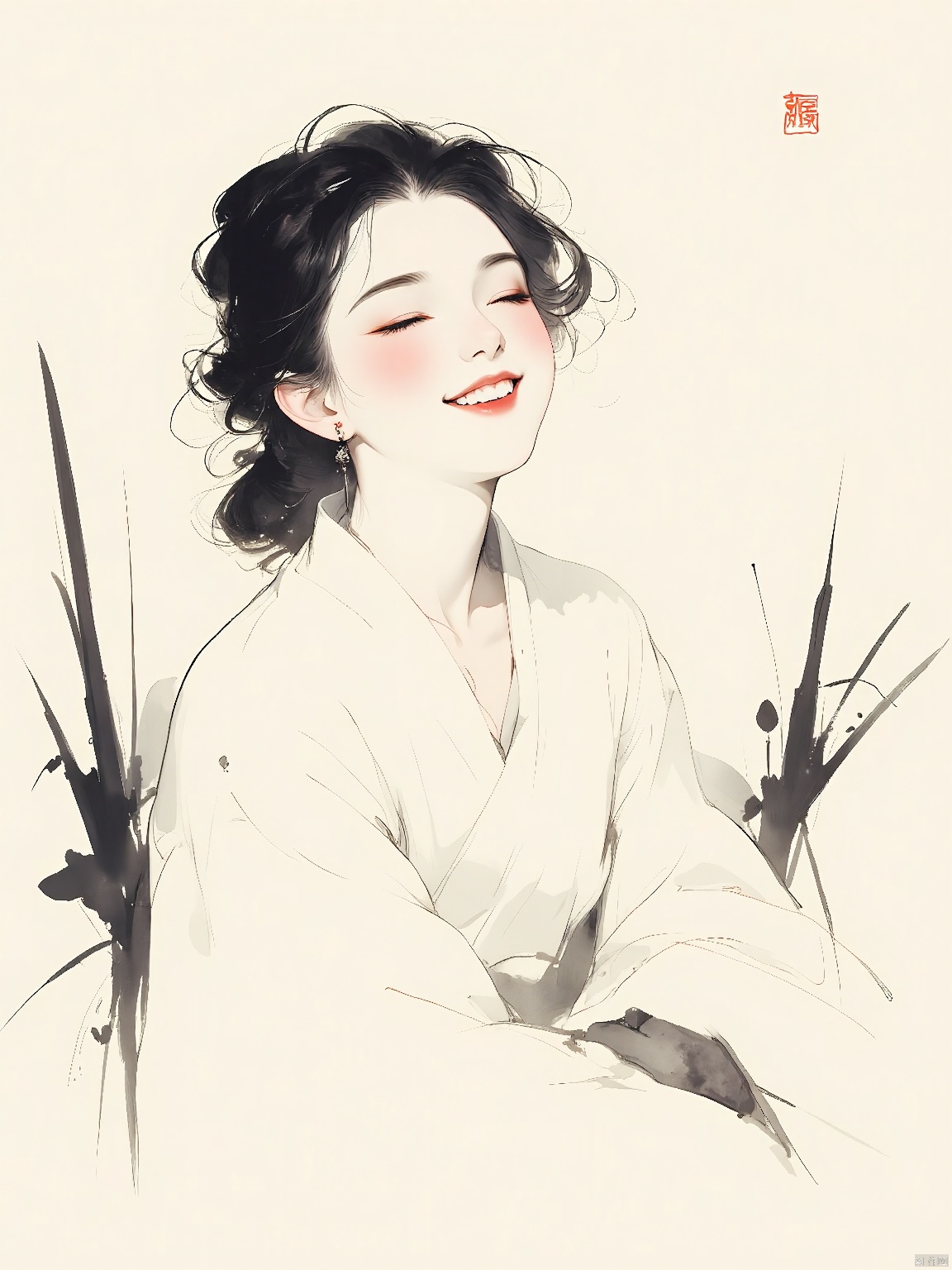 GFSM, A delicate, minimalist watercolor painting of a young woman with her eyes closed, smiling gently. She has light skin, dark hair styled in a loose updo, and is wearing a white, loose-fitting top. The background is a soft, off-white with minimalistic black brush strokes adding texture. The woman's expression is serene and joyful, with rosy cheeks. The artwork is signed in the top right corner with a small red seal. The overall style is soft and dreamy, with an emphasis on gentle lines and subtle color.