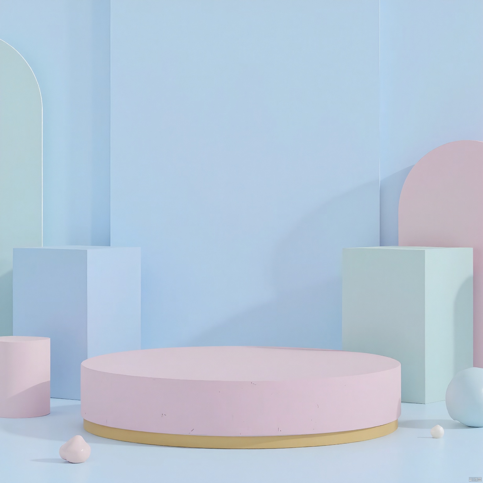 DSZT,E-commerce booth, High quality, minimalist 3D-rendered image of a pastel-colored stage with a pink circular platform, yellow border, and soft blue background. The stage is placed centrally, with three pastel-colored cubes in the background, one large blue cube and two smaller ones. The lighting is soft and diffused, creating a gentle, serene atmosphere. The composition uses symmetry and the rule of thirds. The background is in focus, and the image has a shallow depth of field. The aesthetic quality is very high.