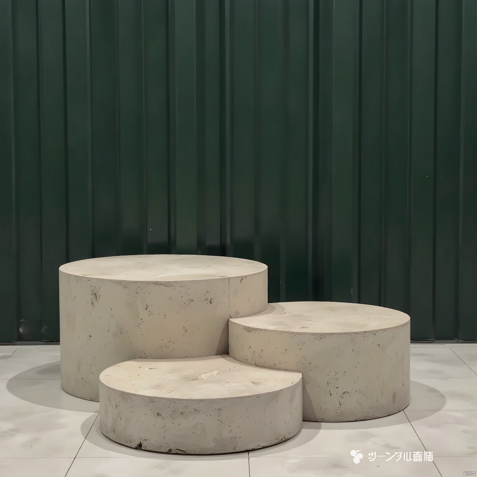 DSZT,E-commerce booth, Photo of a minimalist, modern art installation featuring three circular, beige concrete platforms stacked in a pyramid formation, set against a vertical, dark green, striped wall backdrop. The lighting is soft and even, likely using natural light, with no harsh shadows. The composition uses symmetry and the rule of thirds. The background is in focus, with a shallow depth of field. The aesthetic quality is high. The image was likely taken with a DSLR camera, using a medium aperture setting (around f/8), a moderate shutter speed, and a low ISO.