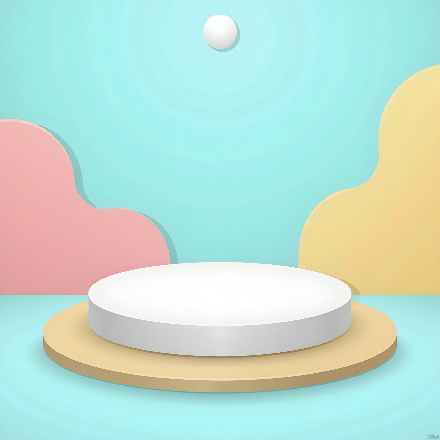 DSZT,E-commerce booth, A high-quality, minimalist digital illustration featuring a white circular platform on a light yellow circular base, set against a turquoise background. The background includes abstract, geometric shapes in shades of pink and yellow, with a small white circle at the top center. The composition uses symmetry and a clean, modern aesthetic. The lighting appears artificial, evenly illuminating the scene.