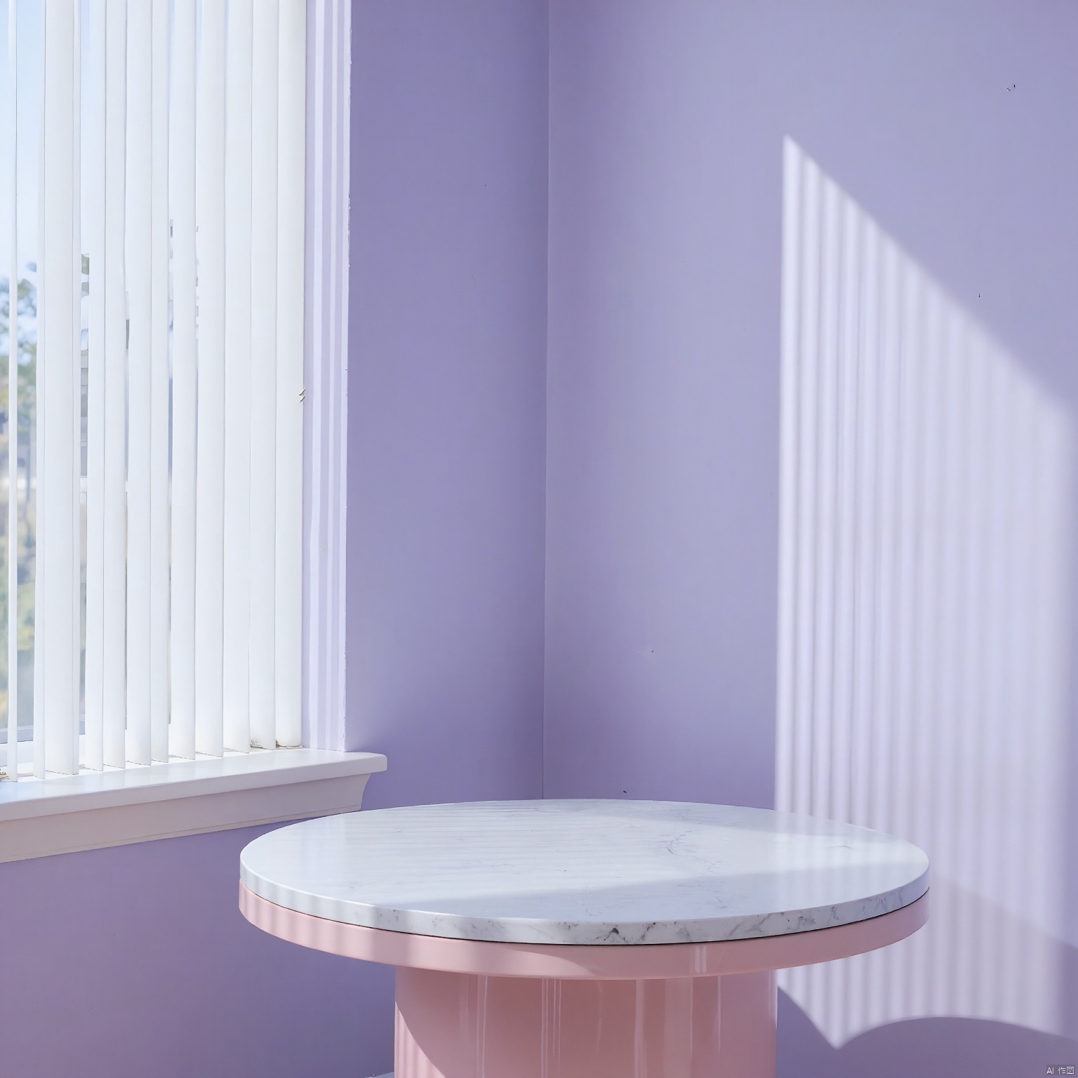 DSZT,E-commerce booth, Photograph of a minimalist, modern interior with a very high aesthetic quality. The image features a round, pink table with a white top and a matching pink base, positioned in the foreground. Behind the table, there are two vertical, floor-to-ceiling windows with white blinds. The blinds allow natural light to filter through, creating soft shadows on the light purple walls. The composition uses symmetry and leading lines to draw the eye towards the center. The depth of field is shallow, with the background slightly blurred. The lighting is natural, likely from the windows. The photo was likely taken with a DSLR camera, using a wide aperture (around f/2.8), a fast shutter speed (around 1/200s), and a low ISO (around 100).