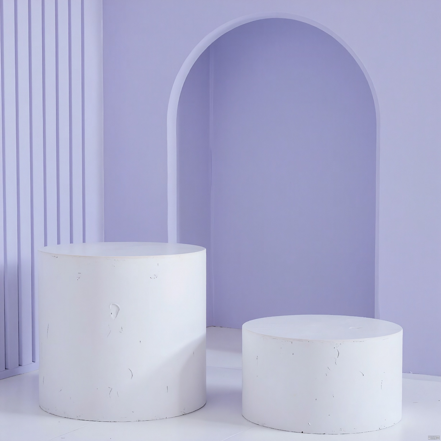 DSZT,E-commerce booth, Photograph of a minimalist interior setting with a high aesthetic quality. The composition features a smooth, white, cylindrical table on the left and a smaller, round, white pedestal on the right, both placed against a wall. The wall is painted a soft lavender color with vertical, ridged textures. The lighting is natural and soft, casting gentle shadows. The background is in focus, with a shallow depth of field. The image is taken with a DSLR camera, likely with a wide aperture (f/2.8), fast shutter speed (1/125s), and low ISO (100). The photo utilizes the rule of thirds for balanced composition.