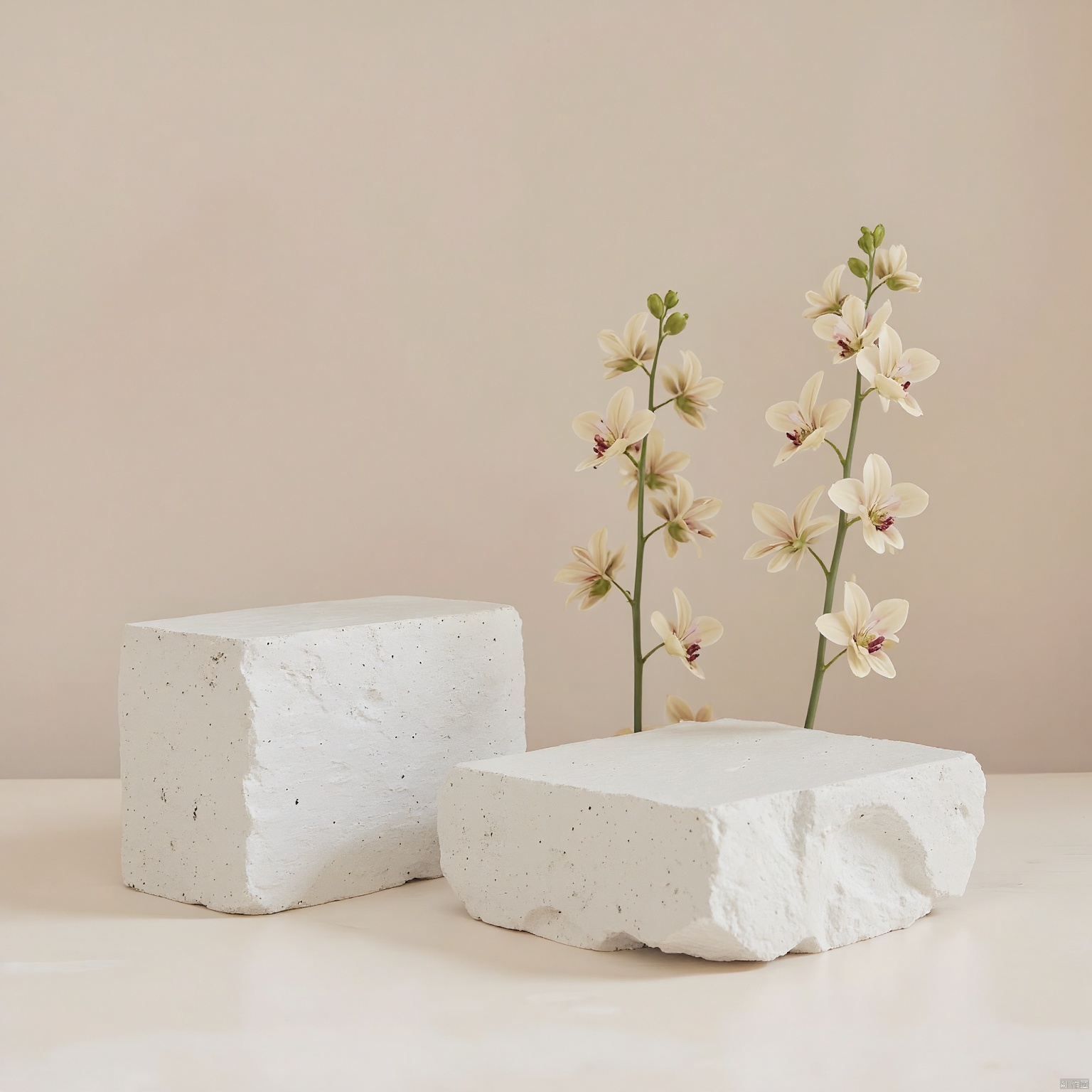 DSZT,E-commerce booth, High-quality photograph of a minimalist, modern still life setup featuring two white, textured stone blocks and a delicate, beige orchid with slender, green stems. The composition uses the rule of thirds, with the blocks and orchid positioned against a soft, beige background. The lighting is soft and diffused, likely from natural light, creating a serene and calming atmosphere. The depth of field is shallow, keeping the background slightly blurred. The camera used is likely a Canon EOS 5D Mark IV, with an aperture of f/4, shutter speed of 1/125 sec, and ISO 200. The overall aesthetic quality of the image is very high.