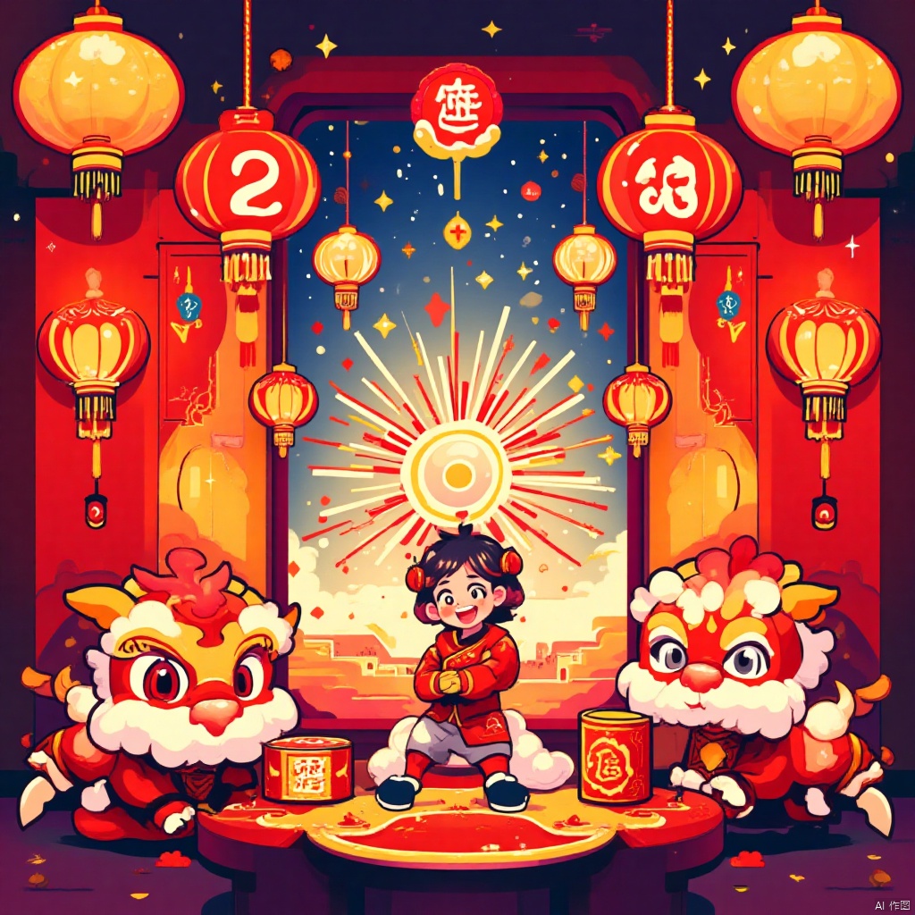 1Girl,red cost,Chinese New Year,lanterns,lion dance,fireworks,firetrackers,happy Chinese New Year,panoramic view,panorama,