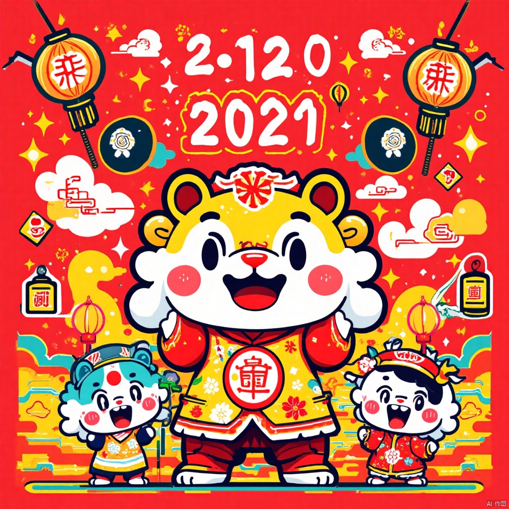 chunjieflux, a New Year-style cartoon character New Year greeting illustration poster,containing traditional Chinese elements,auspicious clouds,lantern/lamp,chinese_knot,fireworks,firecrackers,red envelopes,stickers,Spring Festival couplets and other elements,red background,vivid images,mascots,New Year greetings,in a colorful background full of abstract shapes,