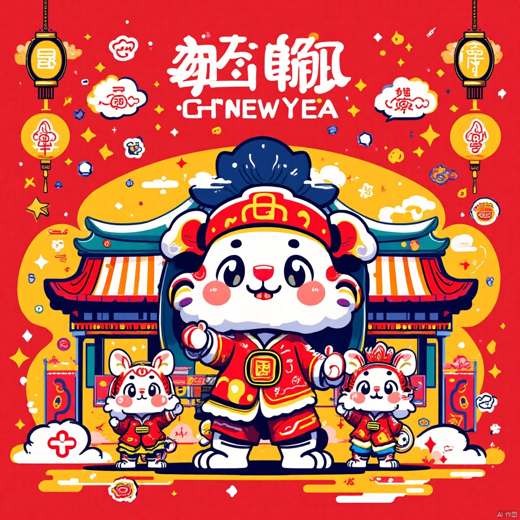 chunjieflux, a New Year-style cartoon character New Year greeting illustration poster,containing traditional Chinese elements,auspicious clouds,lantern/lamp,chinese_knot,fireworks,firecrackers,red envelopes,stickers,Spring Festival couplets and other elements,red background,vivid images,mascots,New Year greetings,in a colorful background full of abstract shapes,