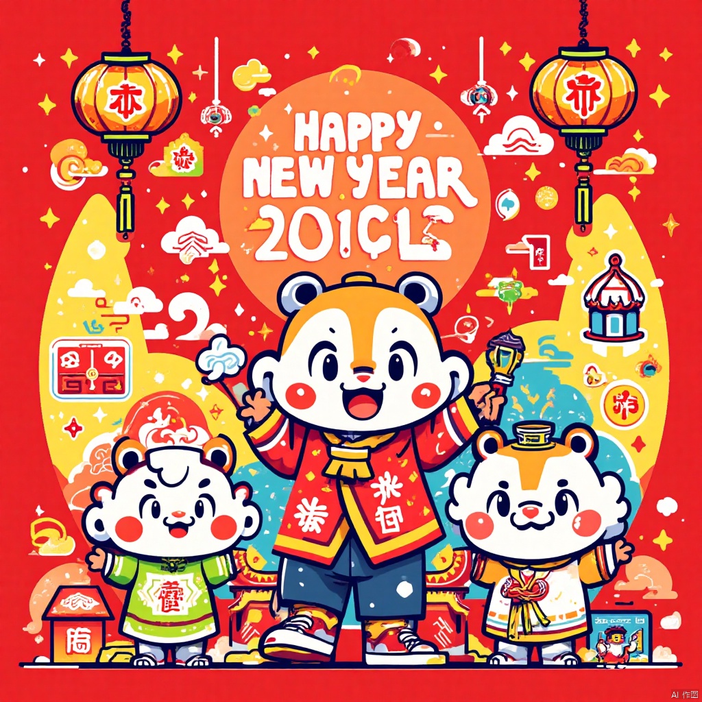 chunjieflux, a New Year-style cartoon character New Year greeting illustration poster,containing traditional Chinese elements,auspicious clouds,lantern/lamp,chinese_knot,fireworks,firecrackers,red envelopes,stickers,Spring Festival couplets and other elements,red background,vivid images,mascots,New Year greetings,in a colorful background full of abstract shapes,