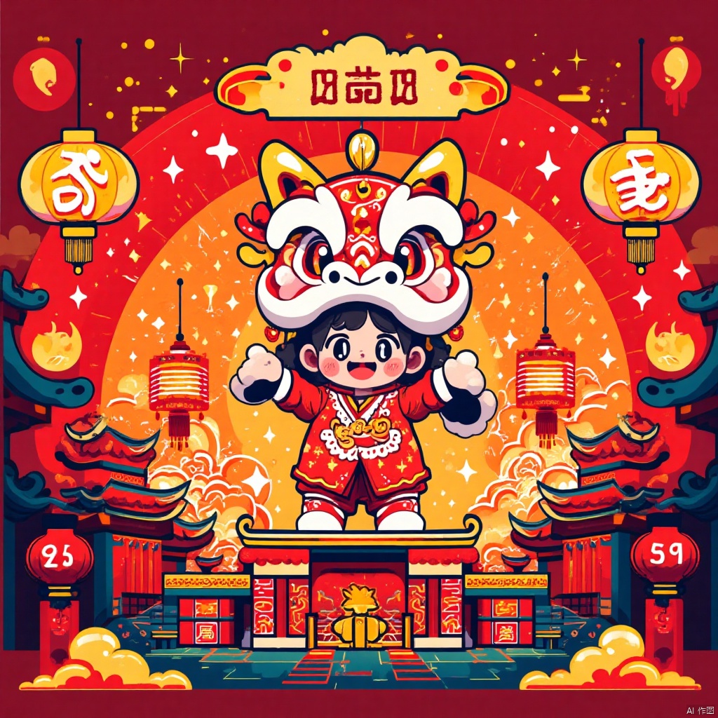1Girl,red cost,Chinese New Year,lanterns,lion dance,fireworks,firetrackers,happy Chinese New Year,panoramic view,panorama,