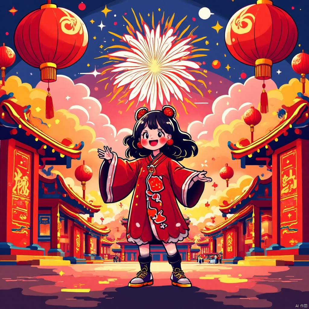 1Girl,red cost,Chinese New Year,lanterns,lion dance,fireworks,firetrackers,happy Chinese New Year,panoramic view,panorama,