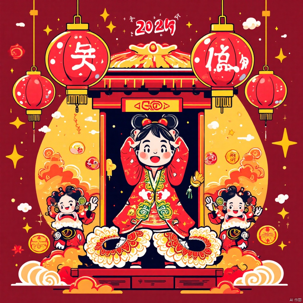 1Girl,red cost,Chinese New Year,lanterns,lion dance,fireworks,firetrackers,happy Chinese New Year,panoramic view,panorama,