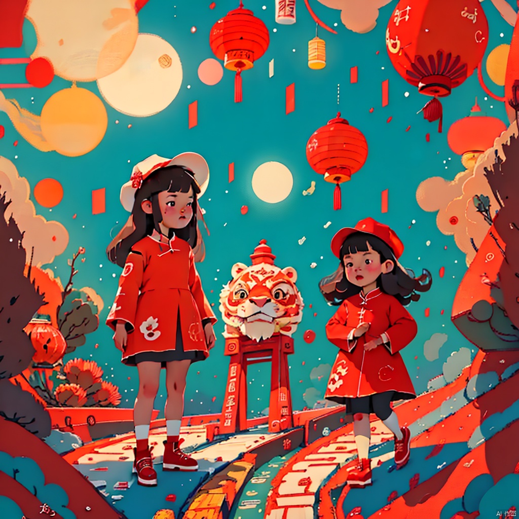 masterpiece, best quality
1girl,looking at viewer, full body,Chinese New Year,lanterns,lion dance,fireworks,firecrackers,
bangs, blue eyes, blunt bangs, bonnet, brown footwear, brown hair, red dress, frills, hat, long hair, long sleeves, pantyhose, snow field