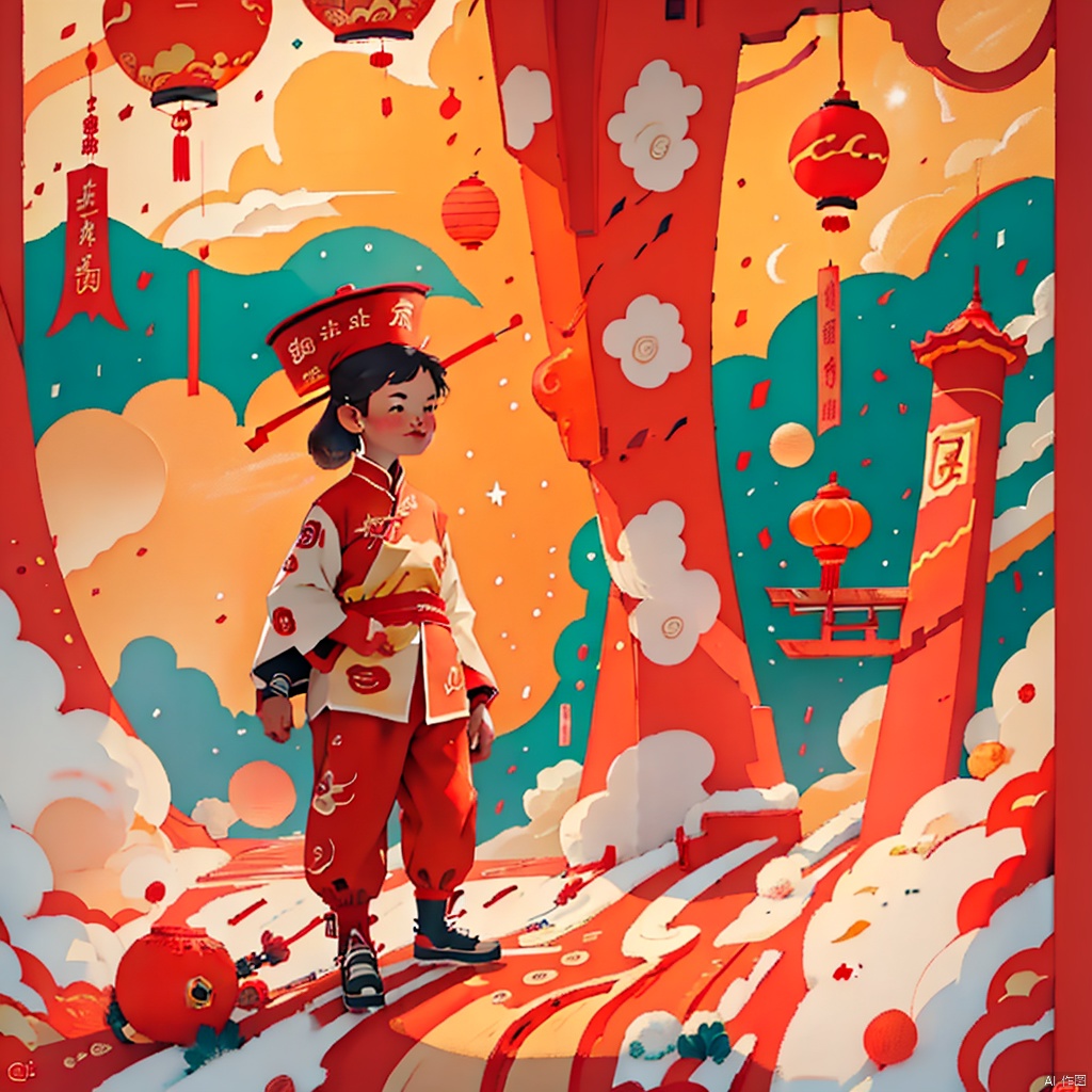 1Girl,red cost,Chinese New Year,lanterns,lion dance,fireworks,firetrackers,happy Chinese New Year,panoramic view,panorama,