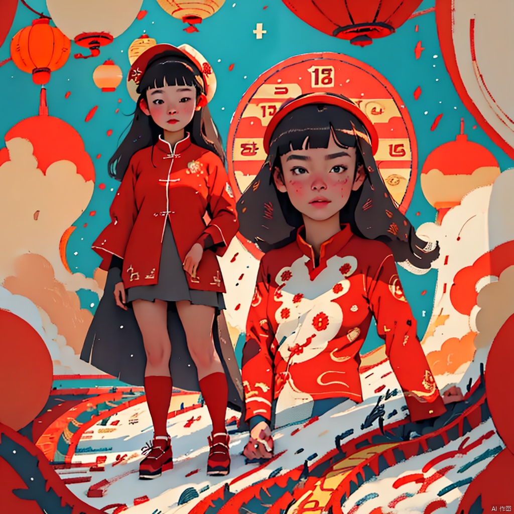 masterpiece, best quality
1girl,looking at viewer, full body,Chinese New Year,lanterns,lion dance,fireworks,firecrackers,
bangs, blue eyes, blunt bangs, bonnet, brown footwear, brown hair, red dress, frills, hat, long hair, long sleeves, pantyhose, snow field