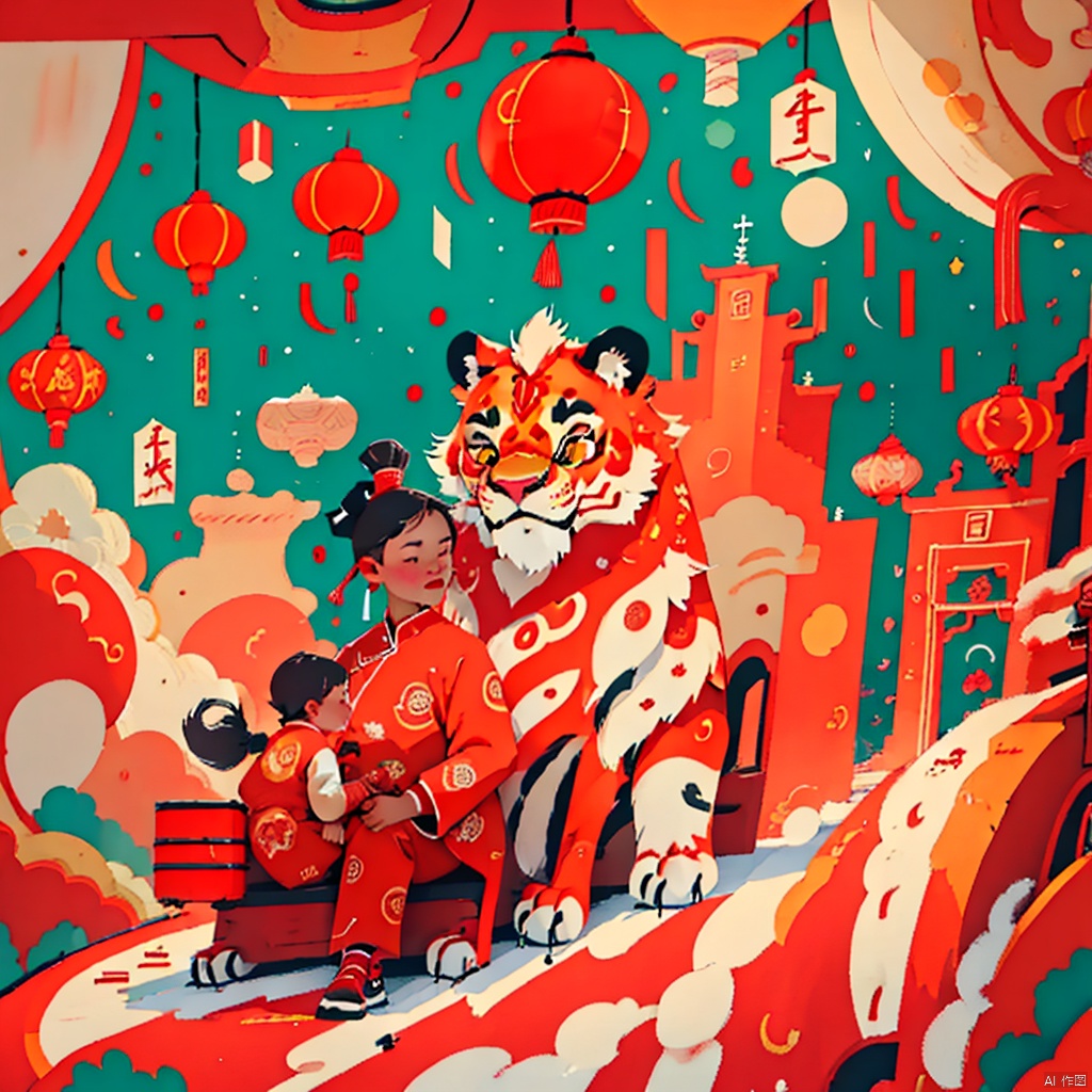 1Girl,red cost,Chinese New Year,lanterns,lion dance,fireworks,firetrackers,happy Chinese New Year,panoramic view,panorama,