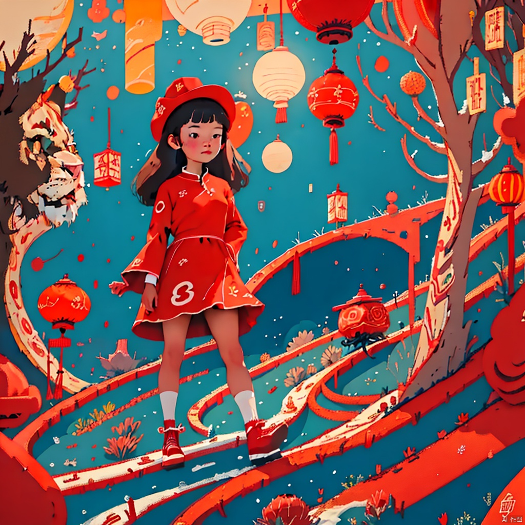 masterpiece, best quality
1girl,looking at viewer, full body,Chinese New Year,lanterns,lion dance,fireworks,firecrackers,
bangs, blue eyes, blunt bangs, bonnet, brown footwear, brown hair, red dress, frills, hat, long hair, long sleeves, pantyhose, snow field