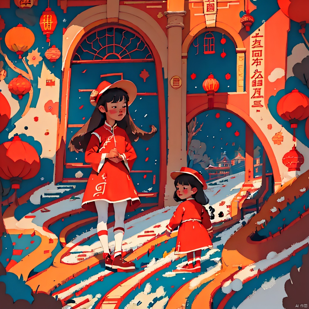 masterpiece, best quality
1girl,looking at viewer, full body,Chinese New Year,lanterns,lion dance,fireworks,firecrackers,
bangs, blue eyes, blunt bangs, bonnet, brown footwear, brown hair, red dress, frills, hat, long hair, long sleeves, pantyhose, snow field
