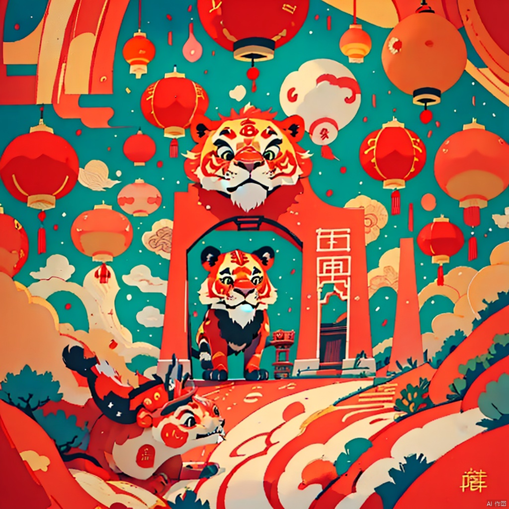 1Girl,red cost,Chinese New Year,lanterns,lion dance,fireworks,firetrackers,happy Chinese New Year,panoramic view,panorama,